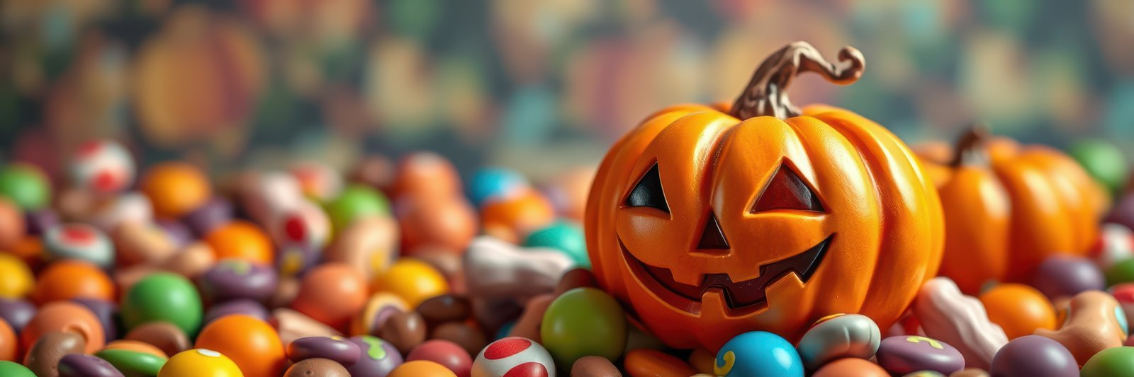 Festive Halloween decor featuring a smiling pumpkin surrounded by colorful candy treats